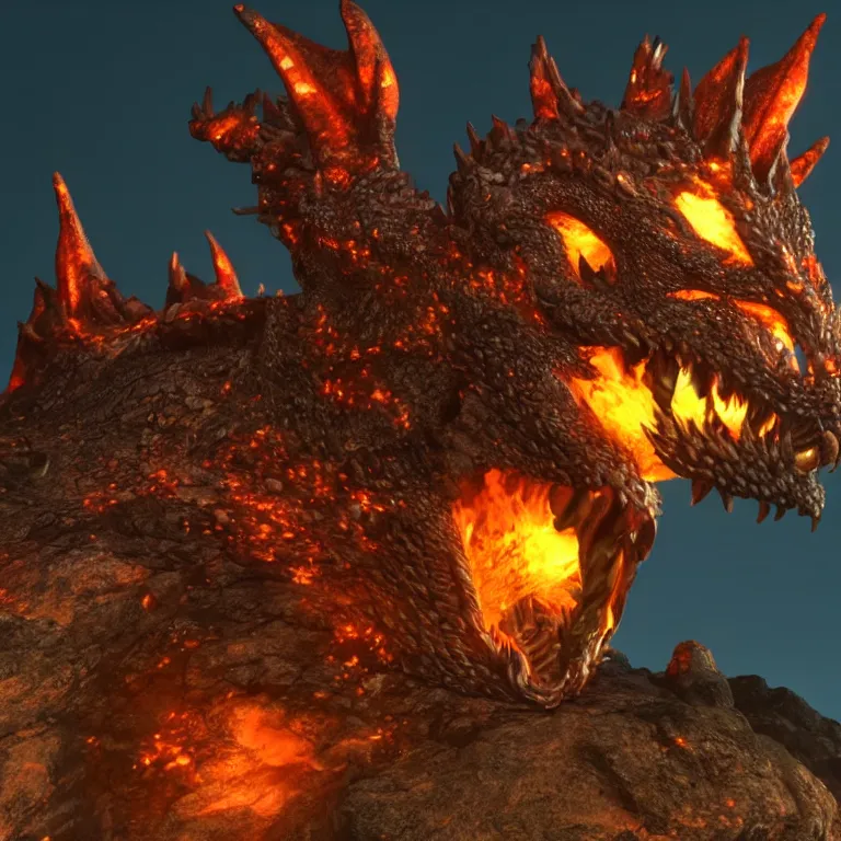 Prompt: The head of an angry dragon, breathing fire, sitting on a rock, at night. Fantasy Demo in Unreal Engine 6.