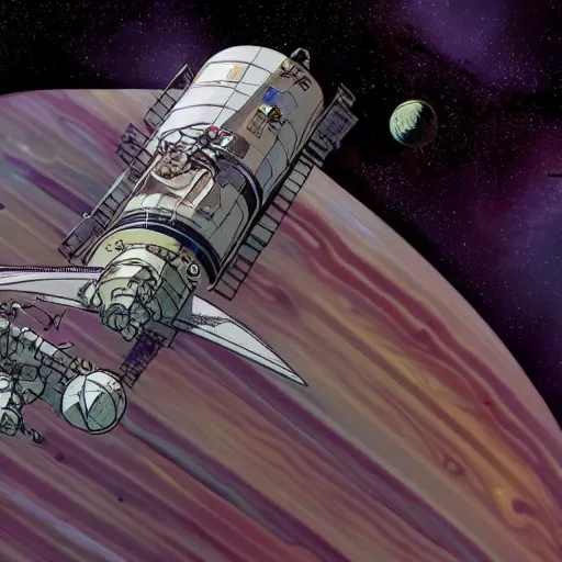 Image similar to space station above Jupiter in the style of Moebius and Ashley wood