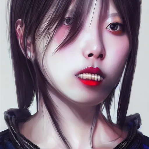 Image similar to detailed realistic korean female character cyberpunk, realistic, art, beautiful, 4K, artstation, detailed, female, woman, choker, cyberpunk, neon, punk, collar, choker, collar around neck, thick collar, tight around neck, punk, looking straight forward, symmetrical eyes, beautiful eyes, realistic eyes