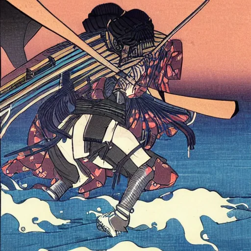 Prompt: anime samurai fighting against aliens, high detailed, concept art, professional lighting, katsushika hokusai