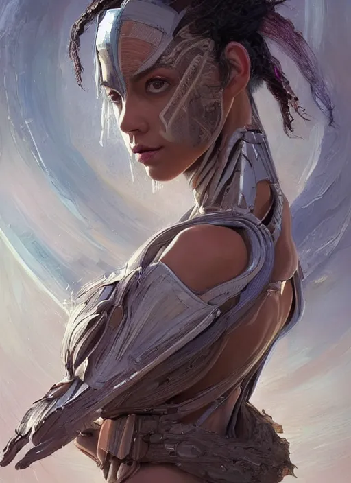 Image similar to a professional painting of a beautiful young female alien, clothed in ethereal armor, olive skin, long dark hair, beautiful bone structure, symmetrical facial features, intricate, elegant, digital painting, concept art, smooth, sharp focus, illustration, from Valerian and the City of a Thousand Planets, by Ruan Jia and Mandy Jurgens and Artgerm and William-Adolphe Bouguerea