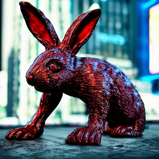 Image similar to a realistic sculpture made out of jelly of a very scary bunny with sharp teeth made by michelangelo, standing in times square, 3 d render, hyper detailed, sharp focus, 8 k resolution