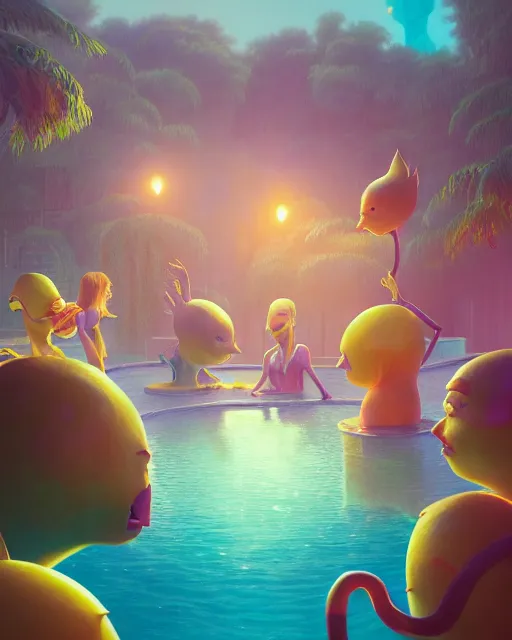 Image similar to highly detailed surreal vfx portrait of an anthropomorphic lemon pool party, stephen bliss, unreal engine, greg rutkowski, loish, rhads, beeple, makoto shinkai and lois van baarle, ilya kuvshinov, rossdraws, tom bagshaw, global illumination, detailed and intricate environment