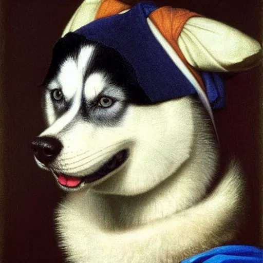 Image similar to A husky dog with a pearl earring by Johannes Vermeer