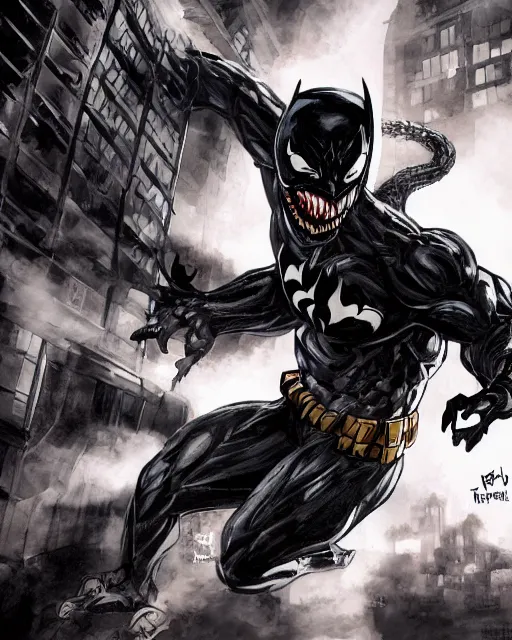 Image similar to venom as batman, with the powers of flash, dynamic lighting, fantasy concept art, trending on art station, stunning visuals, creative, cinematic, ultra detailed, comic strip style, sumihei