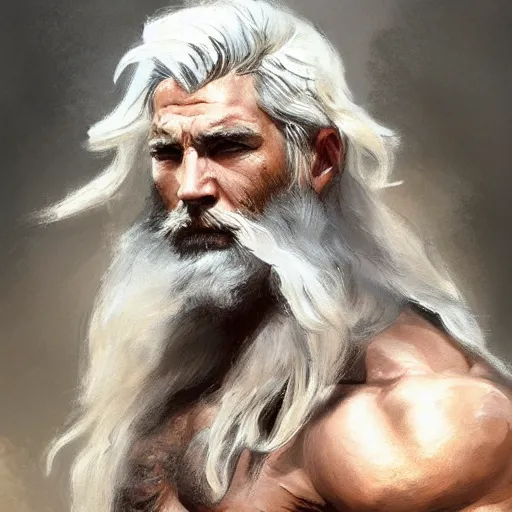 Image similar to painted portrait of rugged zeus, greek god, white hair, masculine, mature, handsome, upper body, muscular, hairy torso, fantasy, intricate, elegant, highly detailed, digital painting, artstation, concept art, smooth, sharp focus, illustration, art by gaston bussiere