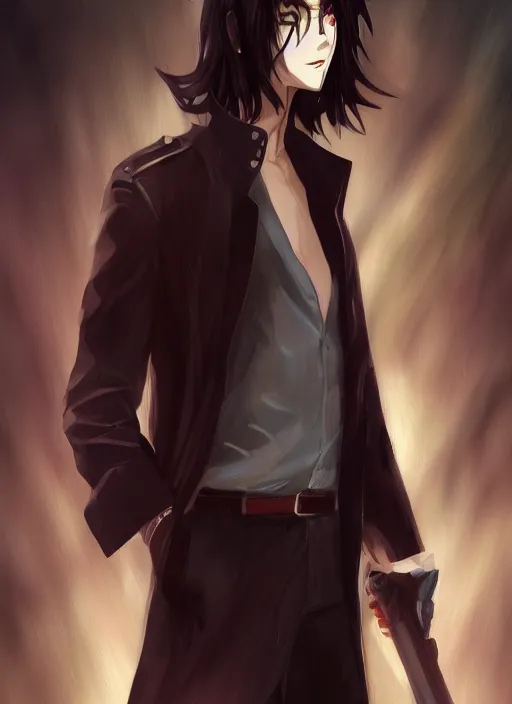 Image similar to anime style portrait illustration, handsome male vampire, focus on face, pretty, cinematic lighting, painterly, long black hair, dark blue shirt and light brown trenchcoat
