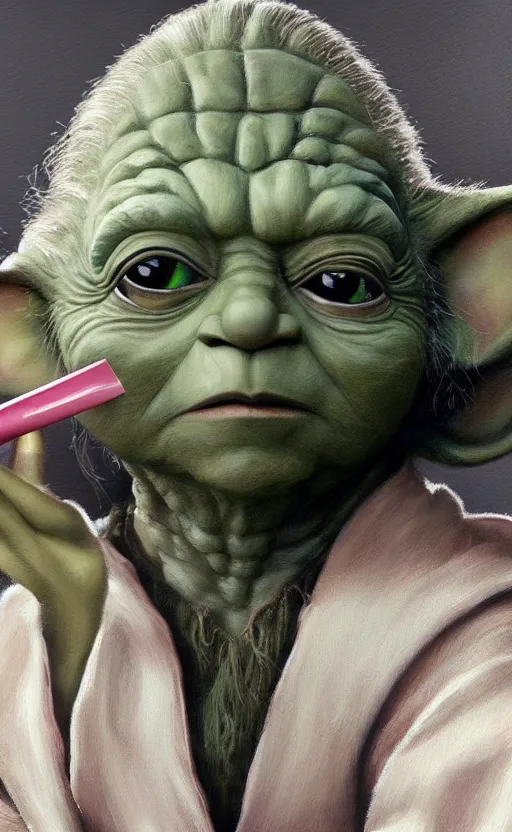 Image similar to beautiful detailed photorealistic painting of yoda putting on makeup. having a makeover. putting on lipstick. beauty. makeover. hq, hd. detailed. trending on artstation