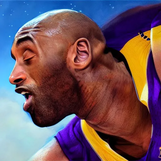 Image similar to kobe bryant kissing a giant turtle in heaven, hyper realistic, side view, digital art, amazing detail, artstatiom, cgsociety, epic art