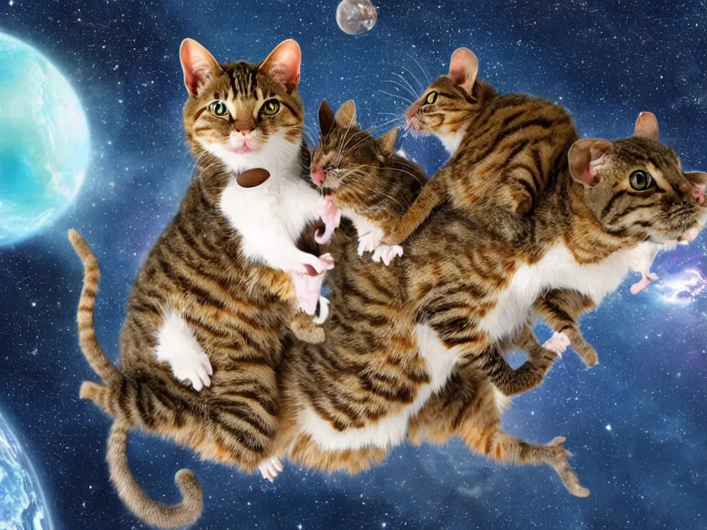 Image similar to a cat eating a mouse on top on a t-rex in space