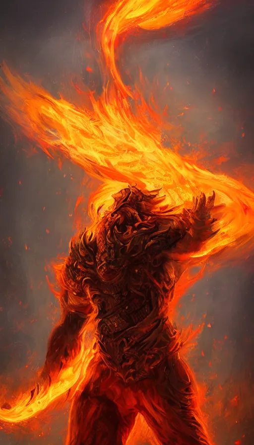 Prompt: fire elemental, man figure, flat background, man body, full body, intricate, beautiful, pathfinder, epic painting, paint texture, uplight, 8k, highly detailed, illustration