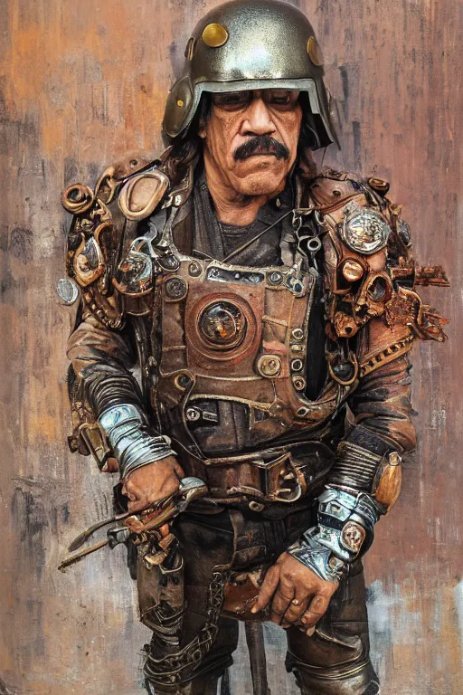 Prompt: dreamy portrait of danny trejo in metallic and rusty stained helmet and leather tactical gears, by jan van eyck, kim jung gi, james jean, in the street of mongkok, hong kong, craig mullins