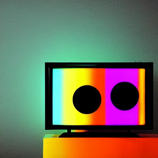 Prompt: a broken tv with colored static, glowing dimly
