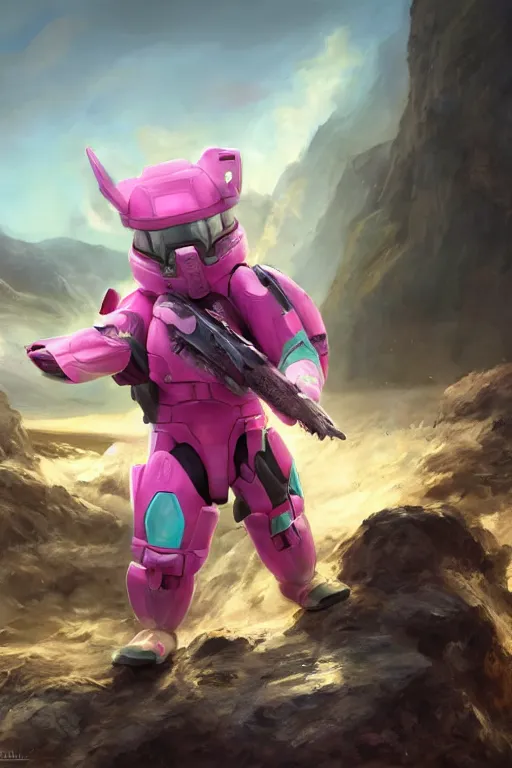 Prompt: wigglytuff pokemon playing as master chief, oil on canvas, intricate, 8 k highly professionally detailed, hdr, cgsociety