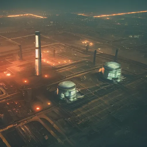 Prompt: an aerial view of an abandoned industrial terrain with giant nuclear plants, night time, shot from the blade runner 2049 movie, designed by Ash Thorp, moody, dark, foggy