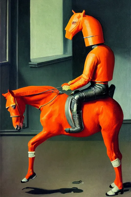 Image similar to man in horse costume, horse in costume astronaut, horse racing, astronaut helmet on horseback, hauntingly surreal, highly detailed painting by francis bacon, edward hopper, adrian ghenie, gerhard richter, and james jean soft light 4 k,