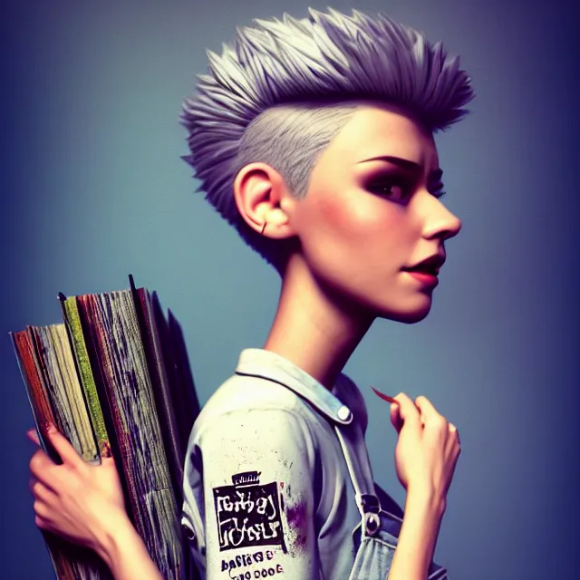 Image similar to full body pose, beautiful adult book fairy, pixar, short white hair shaved sides, dirty, grungy, grunge, long sleeve, painted overalls, stacks of giant books, highly detailed, 4 k, hdr, smooth, sharp focus, high resolution, award - winning photo, artgerm, photorealistic