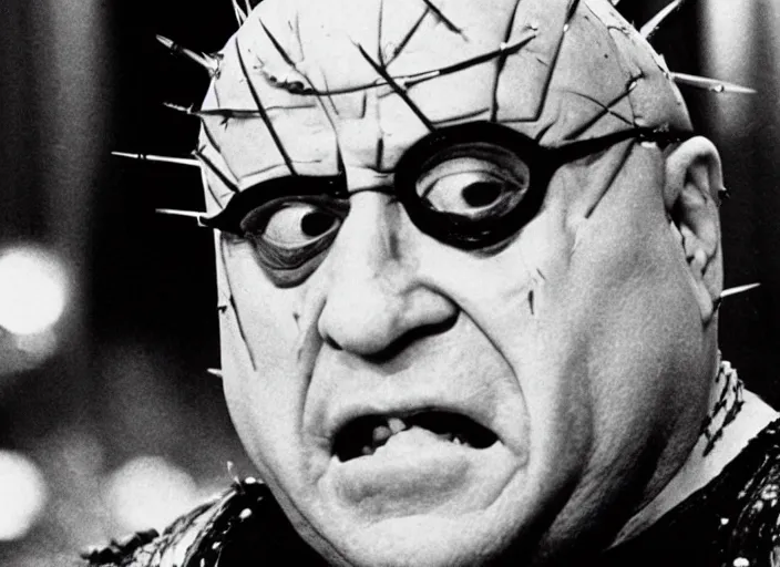 Image similar to film still of Danny Devito!!! as Pinhead in Hellraiser 1987