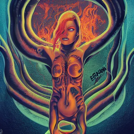 Image similar to scorn giger venom alien doom zdislaw bekinski horror hell alien tentacles satan fire flame, beautiful underwater redhead woman portrait of emma stone, pixar style, by tristan eaton stanley artgerm and tom bagshaw.