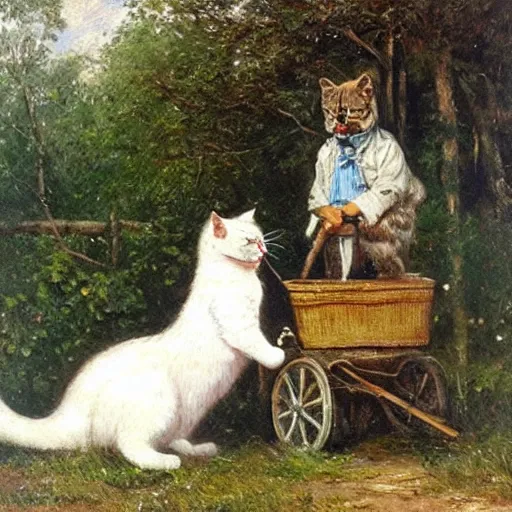 Image similar to huge cat harnessed to a cart, oil painting by Ivan Shishkin