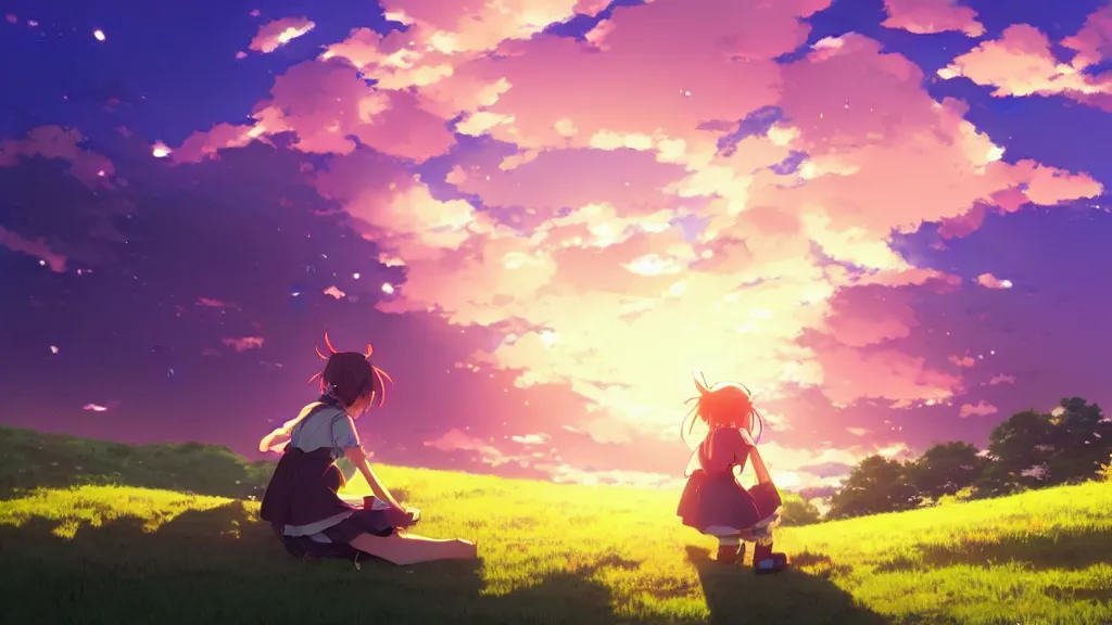 Prompt: a schoolgirl girl sat on the hillside and looked sky, dusk sky, beautiful sunset glow, large clouds, rich vivid colors, ambient lighting, dynamic lighting, official media, anime key visual, detailed, artwork by makoto shinkai, rossdraws.