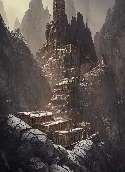 Prompt: a post apocalyptic monastery at the peak of a jagged mountain, photorealistic movie still by michael komarck, greg rutkowski, victo ngai, artgerm, willem claesz heda and j. dickenson