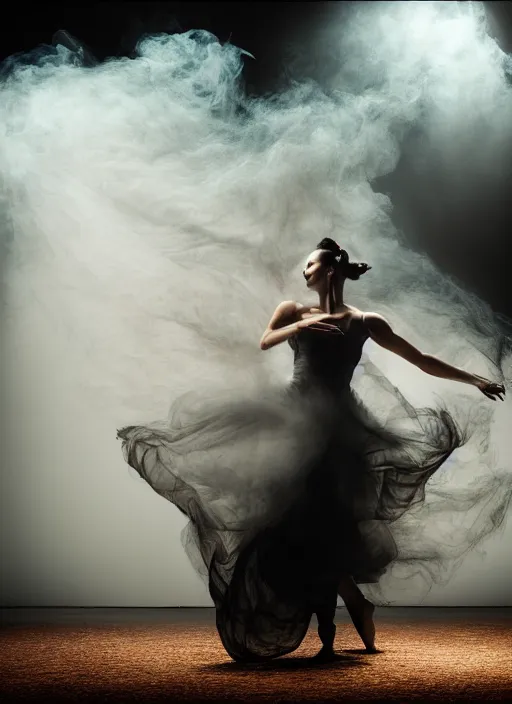 Image similar to a Photorealistic dramatic hyperrealistic render of a beautiful Female smoke dancer by Ken Brower and Deborah Ory of NYC Dance project,Lois Greenfield,Flowing cloth and smoke,Beautiful dynamic dramatic dark moody lighting,volumetric,shadows,cinematic atmosphere,Octane render,8K