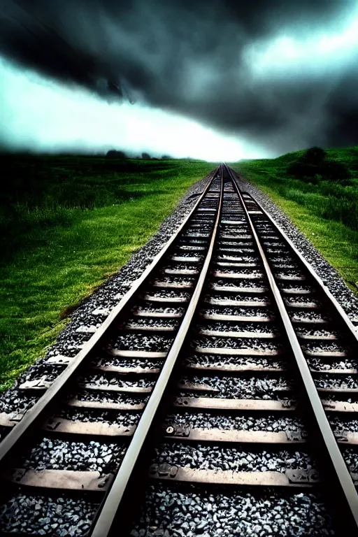 Image similar to shiny metal train track through clouds, award winning cinematic still