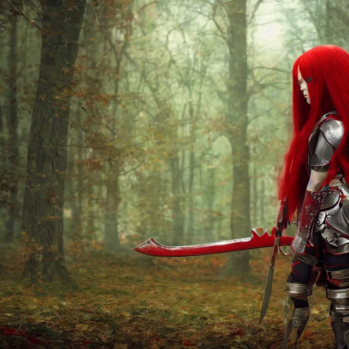 Prompt: a girl with long red hair wearing a red plate armor and holding a big red sword in a forest, 3d render, octane render, unreal engine 5, 8k hdr, hyperrealistic, highly detailed, high quality, concept art, trending on Artstation, full-body armor