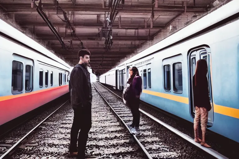 Image similar to vfx movie couple in a train station flat color profile cinematography