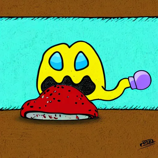 Prompt: Pacman eating a mushroom. Digital art.