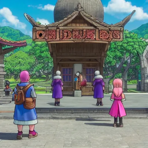Prompt: a some people waiting in a lone bus stop in Dragon Quest XI, detailed