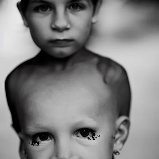 Image similar to the face of punk rock alien at 5 years old wearing balenciaga clothing, black and white portrait by julia cameron, chiaroscuro lighting, shallow depth of field, 8 0 mm, f 1. 8