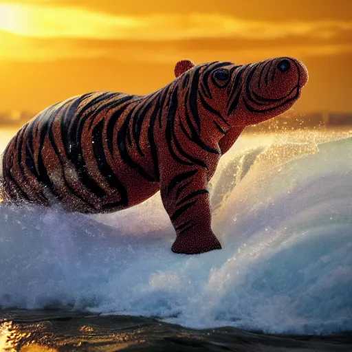 Prompt: a closeup photorealistic photograph of a knitted tiger hippopotamus riding a large wave during sunset. surf in the background. professional capture. brightly lit scene. this 4 k hd image is trending on artstation, featured on behance, well - rendered, extra crisp, features intricate detail, epic composition and the style of unreal engine.