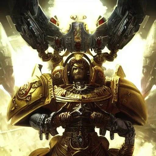 Image similar to The God Emperor of Mankind from Warhammer 40k, by Cedric Peyravernay, highly detailed, excellent composition, cinematic concept art, dramatic lighting, trending on ArtStation