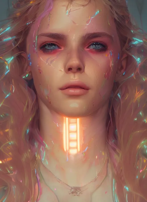 Image similar to glowwave girl portrait, hyper detailed, digital art, trending in artstation, cinematic lighting, studio quality, smooth render, unreal engine 5 rendered, octane rendered, art style by klimt and nixeu and ian sprigger and wlop and krenz cushart