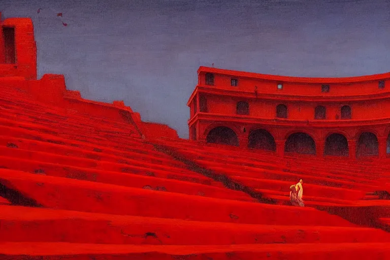 Image similar to only with red, a red great emperor, taormina amphitheatre, expressive crowd hails him, in the style of beksinski, parts by edward hopper, parts by rodcenko, parts by yue minjun, intricate and epic composition, red by caravaggio, insanely quality, highly detailed, masterpiece, red light, artstation, 4 k