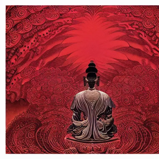Image similar to dark red paper with intricate designs,tarot card ,a mandelbulb fractal southeast asian buddha statue,full of golden layers, flowers, cloud, vines, mushrooms, swirles, curves, wave,by Hokusai and Mike Mignola, trending on artstation,elaborate dark red ink illustration,