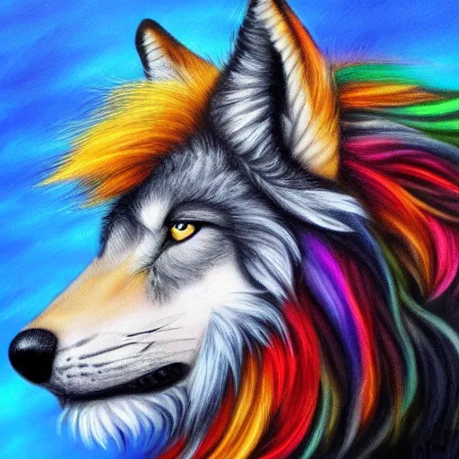 profile view of cute fluffy wolf with long colorful | Stable Diffusion ...