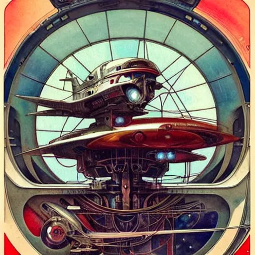 Image similar to ( ( ( ( ( 1 9 5 0 s retro future intricate machine spaceship large window. muted colors. art nouveau ) ) ) ) ) by jean baptiste monge!!!!!!!!!!!!!!!!!!!!!!!!! chrome red