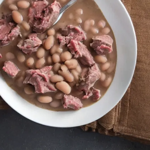 Image similar to raw meat chunks in white gravy with beans,