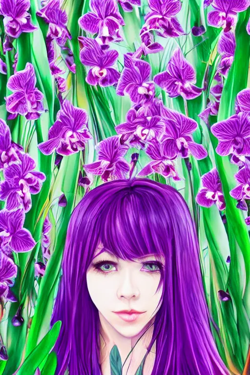 Image similar to an attractive girl is surrounded by colorful orchids, symmetrical face and eyes, flat upper body face, long straight purple hair, visible face, otaku : : portrait, painting, splash