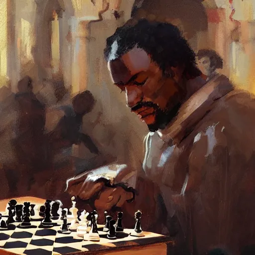 Prompt: portrait of black man wearing medieval clothes playing chess, detailed by greg manchess, craig mullins, bernie fuchs, walter everett