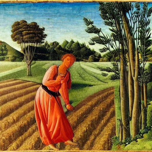 Prompt: Farmer tilling his field by Botticelli,