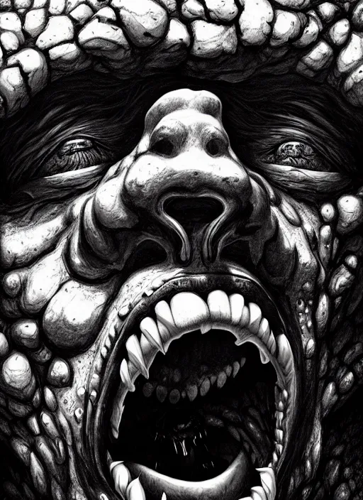 Prompt: close up portrait of a monster in the mountains of hell, one mouth, one nose, two eyes, oil painting by tomasz jedruszek, cinematic lighting, pen and ink, intricate line, hd, 4 k, million of likes, trending on artstation