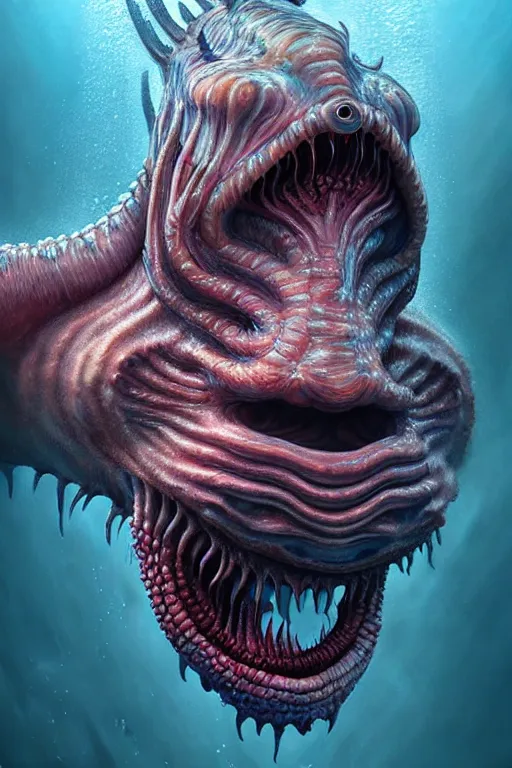 Image similar to hyperrealistic close-up surrealism underwater creature monster!! highly detailed concept art eric zener elson peter cinematic hard lighting high angle hd 8k sharp shallow depth of field, inspired by David Paul Cronenberg and Zdzisław Beksiński