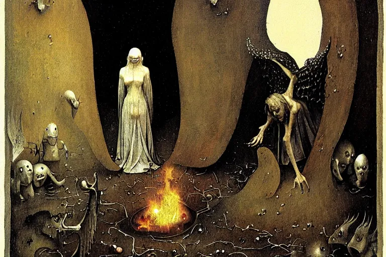 Image similar to fallen angel begs to enter the gates of hell by les edwards and hieronymus bosch