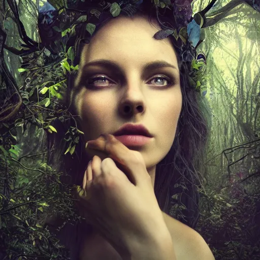 Prompt: portrait of forest witch, beautiful, attractive, glowing, jaw dropping, magical, dynamic lighting, dark, 4 k, octane render, age 2 0, background enchanted woods, intricate and ornate, highly detailed, sharp focus