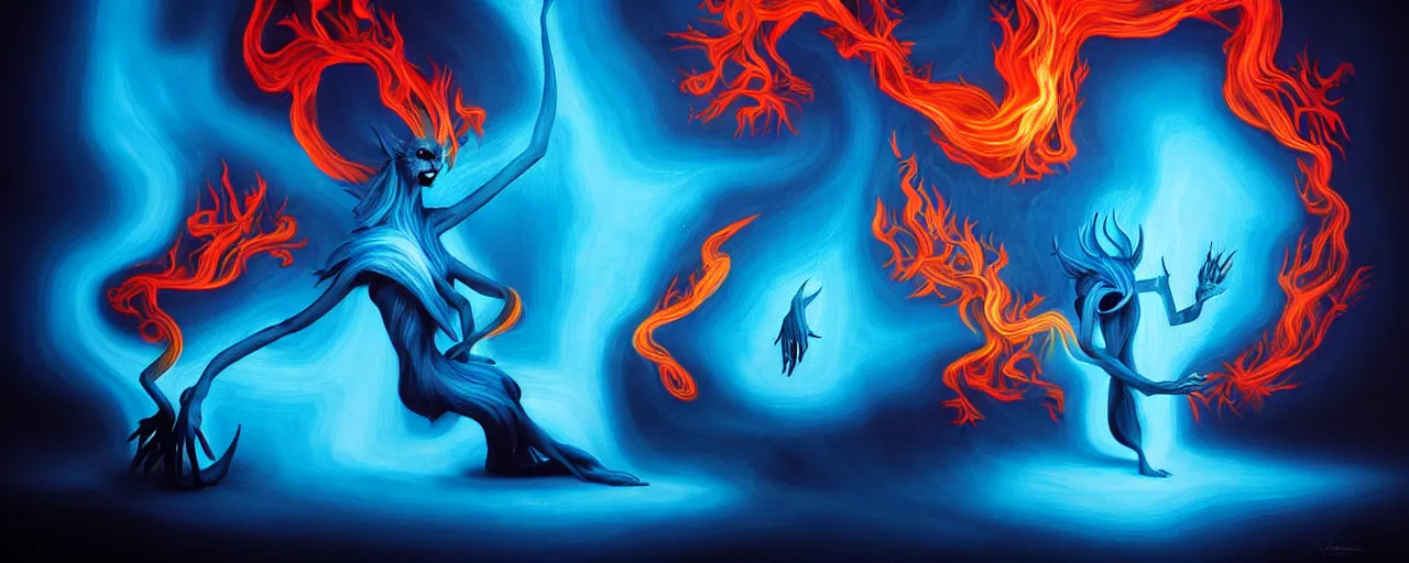 Image similar to whimsical blue fiery alchemical creatures, surreal dark uncanny painting by ronny khalil