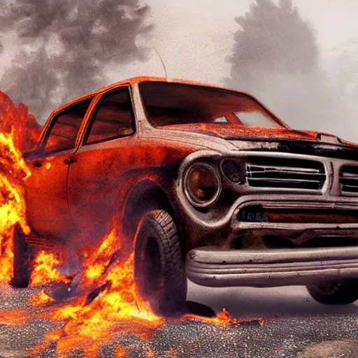 Prompt: photograph of a rusty dodge ram on fire in the street by simon stalenhag